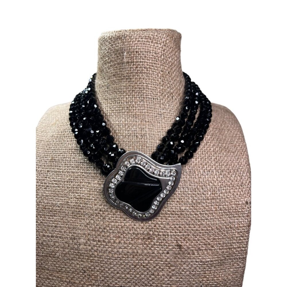Tess Shalom Runway Piece Necklace 5 Strands Faceted Black Beads '84 NBN1